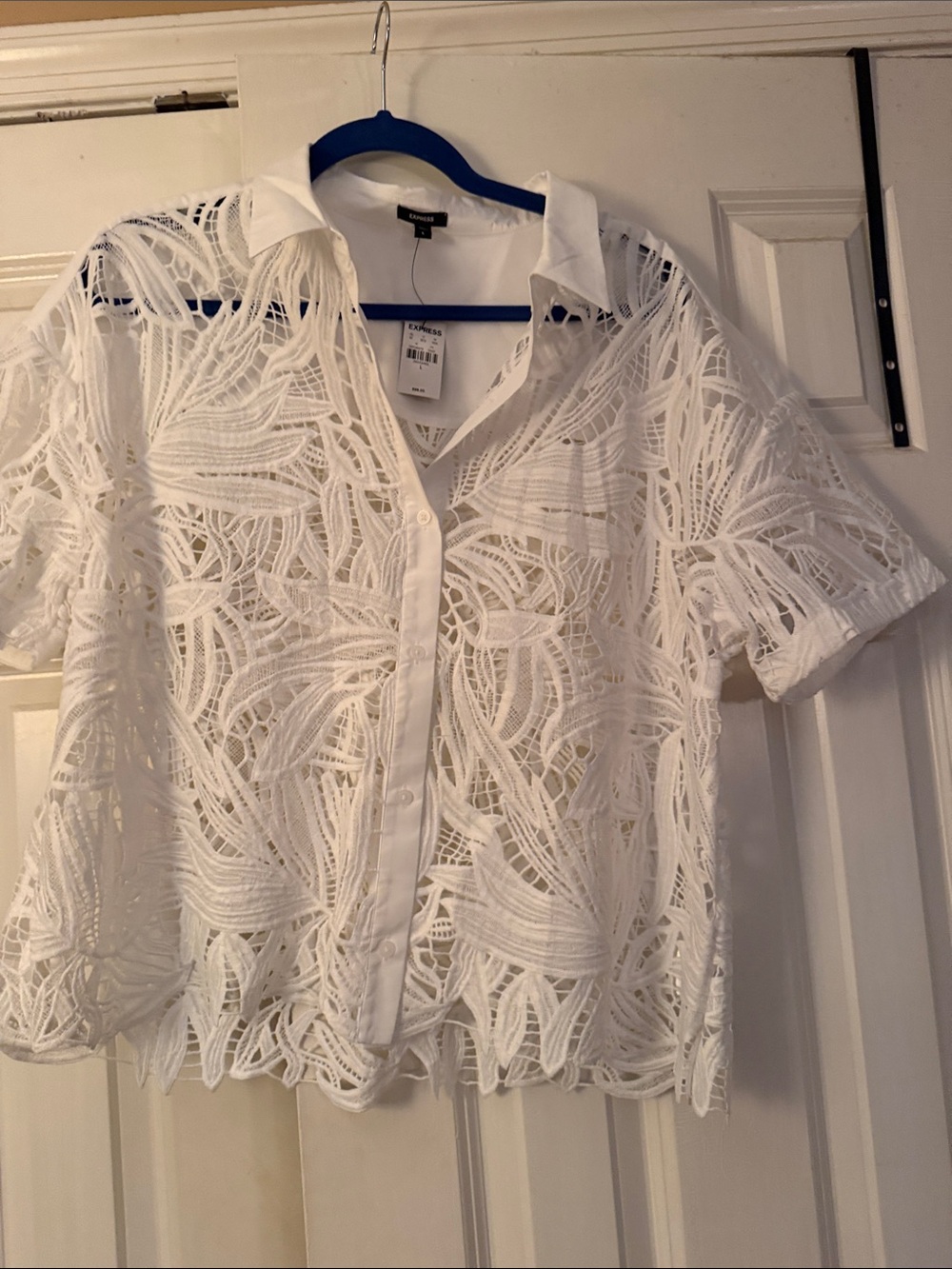 Express White Lace Short Sleeve Button Down Shirt
